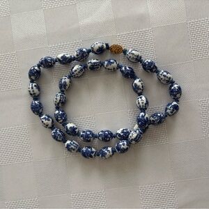 Vintage Blue and White 26” Porcelain Necklace with Goldtone Clasp